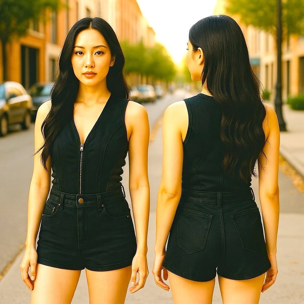 Retro Dark Blue Denim Romper M Chic Faux Leather Trim Side Cutout Full Front Zip